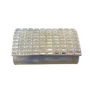 Silver Metallic Evening Clutch Purse With Rhinestone Embellishments Chain Strap